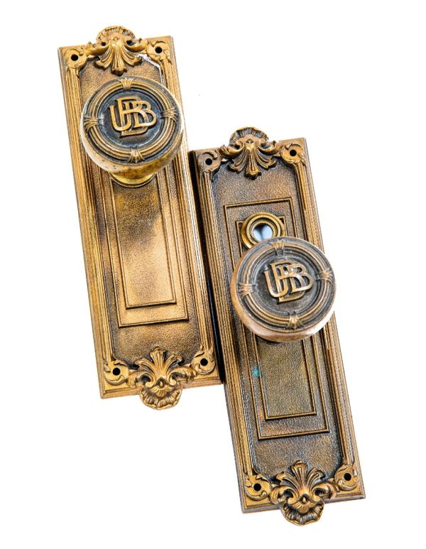 matching set of p.f. corbin custom-designed pittsburgh 1906 union bank buildiing doorkbnobs and backplates