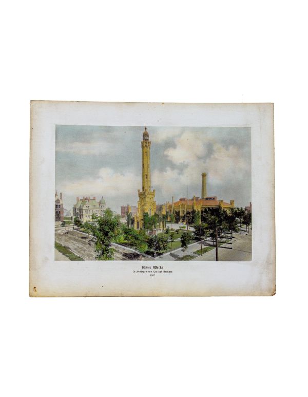 original oversized 1930s kaufmann-fabry hand-colored mounted lithograph from photograph of 1869 chicago water tower 