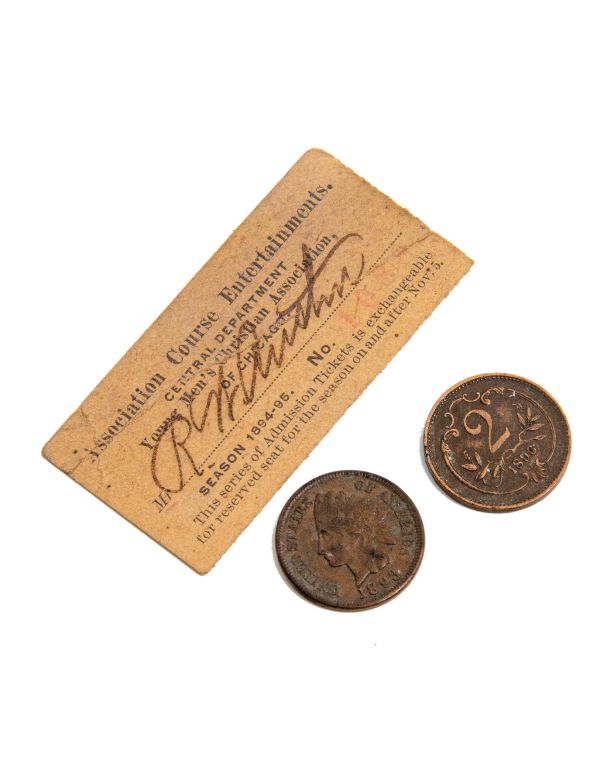 historically important 1895 coins and ticket stub salvaged from the time capsule of architect john m. van osdel ii's ywca building during its demolition in 2009
