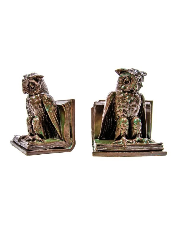 one of two very rare all original and richly colored advance terra cotta owl bookend salesman sample 