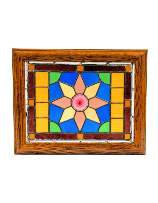 original late 1890s diminutive american victorian salvaged chicago stained glass window in hangiing wood frame
