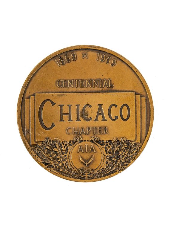 highly stylized cast bronze double-sided 1869-1969 chicago chapter american institute of architects centennial medal