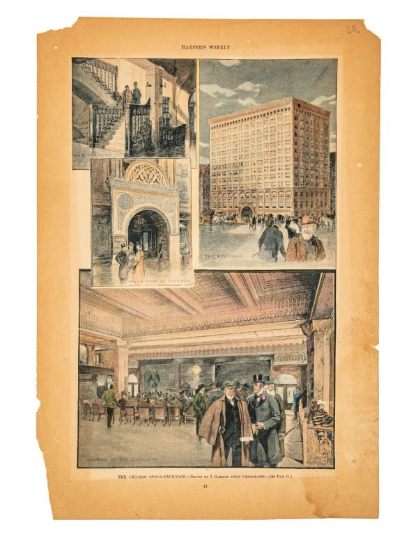 rare and unusual original hand-colored harper's lithograph of adler and sullivan's 13-story chicago stock exchange building done around the time the building opened in 1894
