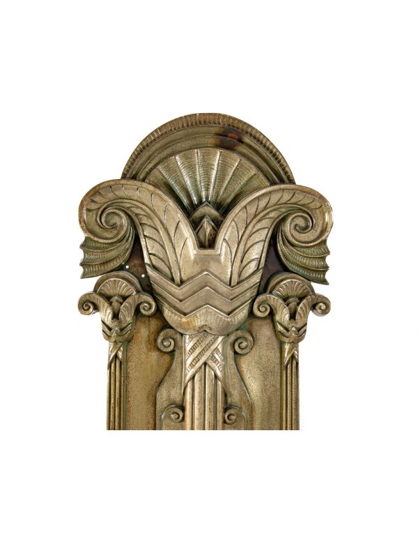 historically important american c. 1929 american art deco style oversized nickel-plated cast bronze palmolive building facade pilaster with visually stunning endcap