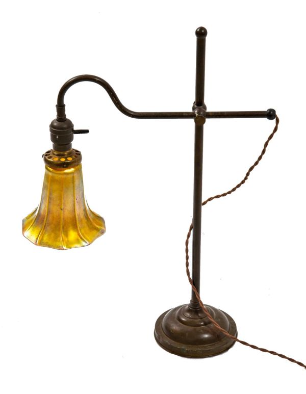 original early 20th century rewired faries salvaged chicago adjustable brass office desk or table lamp with gold aurene quezal shade