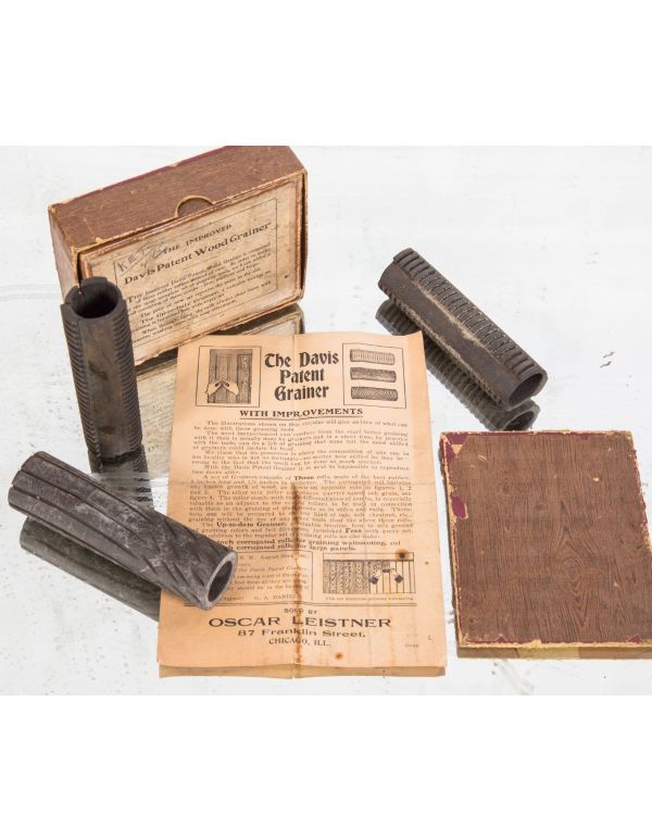 original and complete early 20th century "davis patent" wood grainer kit for faux wood grain finishes applied to woodwork used in oyen's commissions