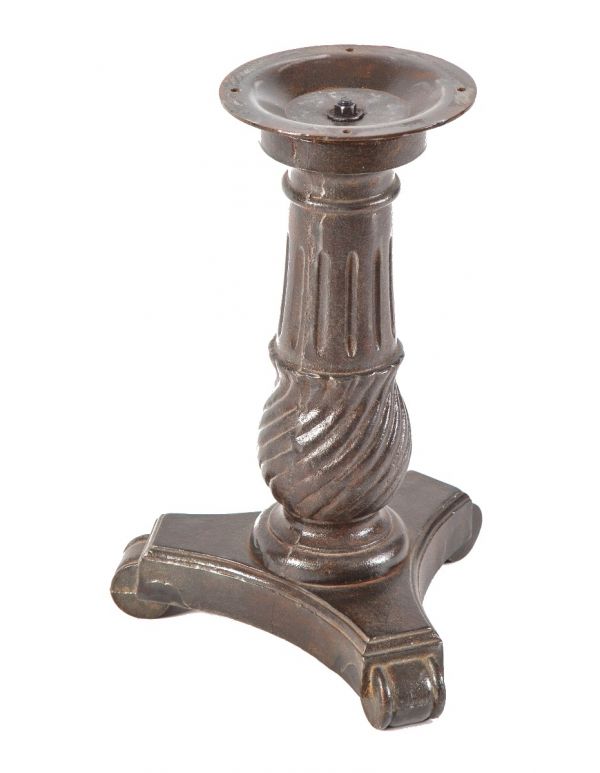 single late 19th century antique american ornamental cast iron three-legged lobby table base with brushed metal finish 