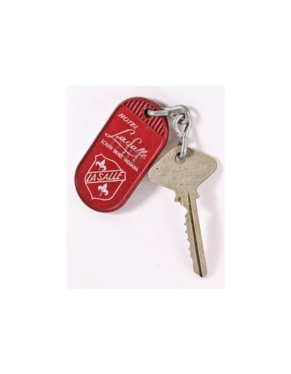 original and remarkably intact c. 1921 historic salvaged hotel lasalle yale original room key w/ red plastic key fob
