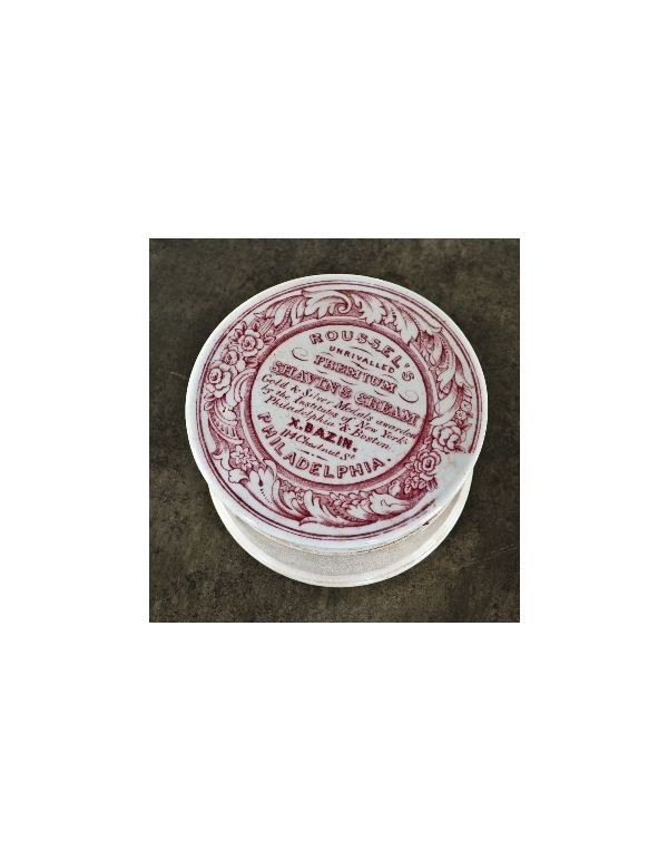 original c. 1850's antique ceramic shaving cream jar or "pot lid" manufactured for x. bazin of "roussel's" pefumery in philadelphia, pa.  