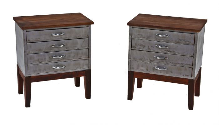 Two Matching Repurposed American Vintage Industrial Brushed Metal And Walnut Wood Side Tables Or Nightstands With Drawers