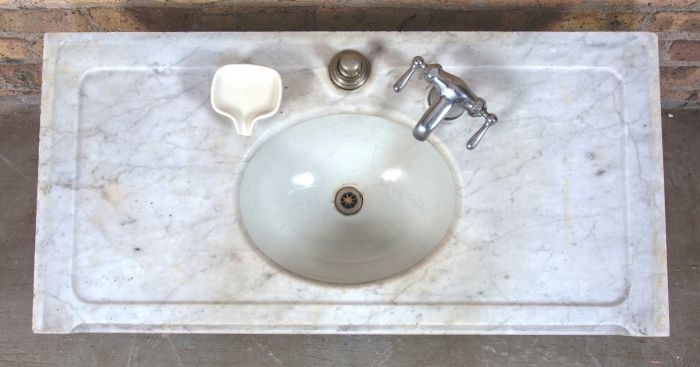 One Of Two Rare Oversized Salvaged Chicago Gold Coast Mansion Carrara Marble Lavatory Sink With Detachable Trenton Vitreous Sink Bowl