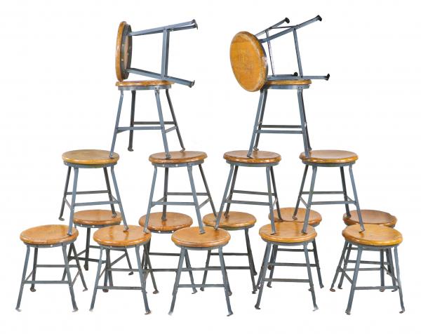 large quantity of matching vintage industrial "angled steel" shop stools now available 