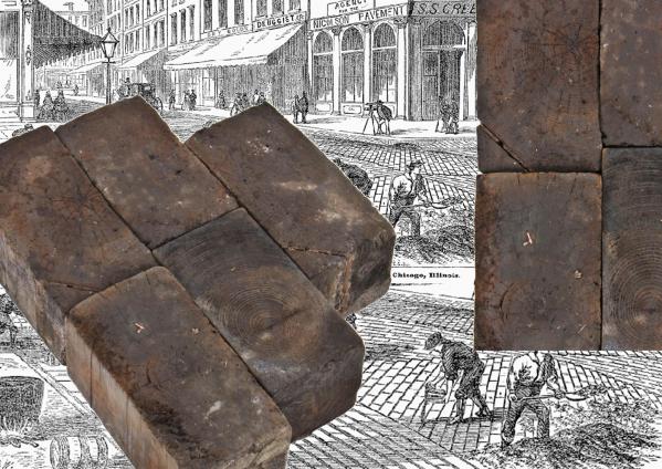 original creosoted wood-block chicago city street pavers recently unearthed