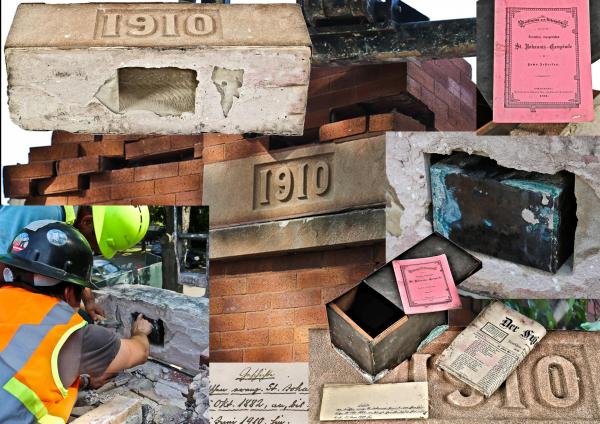 dated cornerstone time capsule with contents successfully extracted shortly before st. john's church razed