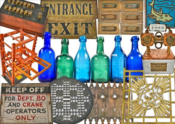 wide array of old signage, salesman samples, 19th century east coast soda bottles, faries lighting, and builders' hardware