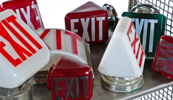 several newly acquired depression era ruby red, emerald green and white opalescent exit lights now available