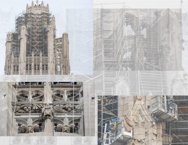 chicago tribune tower crown shrouded in scaffolding as exterior restoration continues