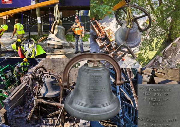st. john's 1910 bronze bell is removed from steeple as church undergoes its continued deconstruction