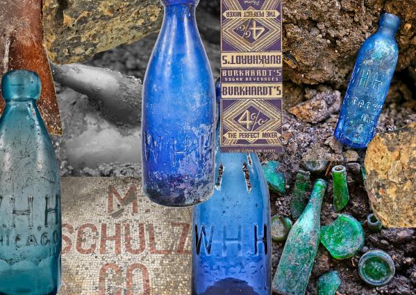 19th century building parts and bottles unearthed during excavation near the m. schultz piano factory (1889)
