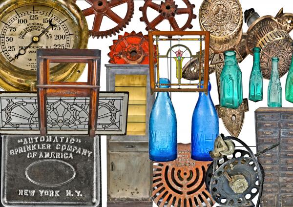 recent acquisitions include vintage medical furniture, stained glass, millwork, unearthed bottles, gauges, terra cotta