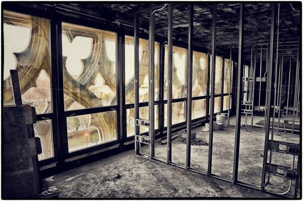 faithfully reproduced chicago athletic assoication building cast plaster "drooping tip" panel installation well underway